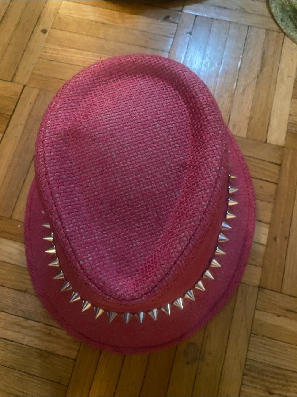 Pink Straw Fedora with Silver Spike Stud Trim